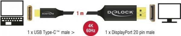 DeLOCK - Videoschnittstellen-Converter - DisplayPort / USB - USB-C (M) bis DisplayPort (M) - 1 m - Schwarz - 4K Unterstützung