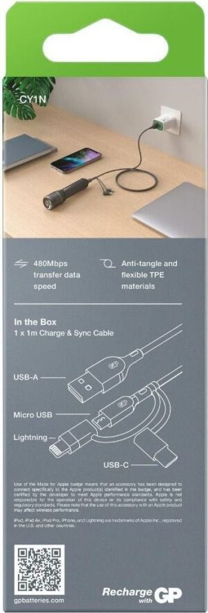 GP Batteries CY1N USB Kabel 1 m USB A USB C/Micro-USB B/Lightning Grau (160GPCY1N-C1)