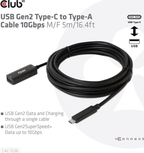 Club 3D - USB-Verlängerungskabel - USB-C (M) bis USB Typ A (W) - USB 3.1 Gen 2 - 900 mA - 5 m - USB-Strom