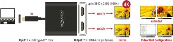 DeLOCK - Externer Videoadapter - STDP4320 - USB-C - 2 x HDMI - Schwarz - Einzelhandel