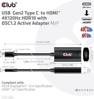 Club 3D - Videoadapter - USB-C männlich zu HDMI weiblich - 15 cm - aktiv